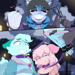 ambiguous_gender anthro arms_tied bat_wings big_breasts big_teeth biped bisexual black_hair black_sclera blue_body blue_eyes blue_fur blue_hair blurred_background bound breasts chest_tuft cleavage clothed clothing clothing_pull collar crop_hoodie crop_top cute_fangs evil_grin eyewear fangs female fluffy fluffy_tail fur glasses group hair hands_behind_back head_tuft holding_eyewear holding_glasses holding_object hoodie hoodie_pull inner_ear_fluff leash leash_pull leashed_collar male male_dominating_female male_dominating_male membrane_(anatomy) membranous_wings multicolored_hair orange_eyes pink_body pink_fur scared sharp_teeth shirt short_hair smile tail teeth topwear topwear_pull trio tuft two_tone_hair wide_smile wings phosenpai wick_abbot_(wicked_trickster) bat canid canine canis domestic_dog leaf-nosed_bat mammal microbat undead vampire_bat yangochiropteran zombie 1:1 2025 absurd_res hi_res brother_(lore) sibling_(lore) sister_(lore) twins_(lore)