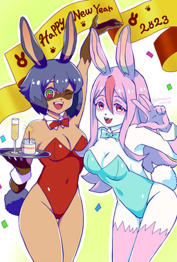 anthro breasts bunny_costume cleavage clothed clothing costume duo female gesture hand_gesture smile v_sign mokutanuko brand_new_animal studio_trigger michiru_kagemori nazuna_hiwatashi canid canine fox mammal raccoon_dog hi_res