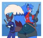 2018 5_fingers abstract_background anthro big_breasts big_butt biped black_nose blue_body blue_clothing blue_hair blue_suit blue_tail blush bodysuit bottomwear breasts butt canid canine capcom claire_redfield clothed clothing dipstick_tail duo eye_patch eyewear fan_character female fingers fox fully_clothed fur generation_5_pokemon gun hair halloween handgun heart_clothing heart_eye_patch heart_pair heart_print heart_symbol heart_topwear heart_vest hi_res holidays lazuli_(doggod.va) leon_kennedy looking_back male mammal markings multicolored_body multicolored_eyes multicolored_fur multicolored_tail nintendo open_mouth pistol pokemon pokemon_(species) portrait print_clothing print_topwear print_vest purple_eyes ranged_weapon resident_evil shinyillusionz shirt shorts shotgun side_boob skinsuit smile suit tail tail_markings thick_thighs three-quarter_portrait tight_clothing topwear two_tone_body two_tone_eyes two_tone_fur two_tone_tail vest weapon white_body white_fur white_tail yellow_eyes zeke_the_zorua zorua