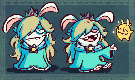 anthro blonde_hair blue_background blue_eyes bottomwear buckteeth clothed clothed_female clothing crown dress duo ear_piercing eyes_closed featureless_limbs female female_anthro flying fur glowing glowing_body hair hair_over_eye half-closed_eyes hand_pawpads headgear larger_anthro larger_female light long_ears long_hair male mitten_hands narrowed_eyes noseless pants piercing simple_background sitting size_difference sleeves_past_fingers smaller_male smile smiling_at_viewer sparkles standing star_ear_piercing tan_bottomwear tan_clothing tan_eyelids tan_inner_ear tan_pants teal_clothing teal_dress teeth white_body white_fur yellow_body yellow_skin altermentality mario_plus_rabbids_sparks_of_hope nintendo raving_rabbids rayman_(series) ubisoft rabbid_rosalina starburst_(mario_plus_rabbids) lagomorph mammal rabbid spark_(mario_plus_rabbids) 2022 colored digital_drawing_(artwork) digital_media_(artwork) english_description lighting multiple_scenes shaded