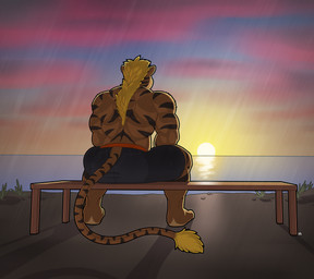 anthro biped black_body black_fur blonde_hair clothed clothing detailed_background feet fur hair humanoid_feet male muscular muscular_anthro muscular_male outside plantigrade rear_view sitting solo sunset tail tan_body tan_fur topless longblueclaw zeusralo_(character) felid mammal pantherine tiger 2018 digital_media_(artwork)