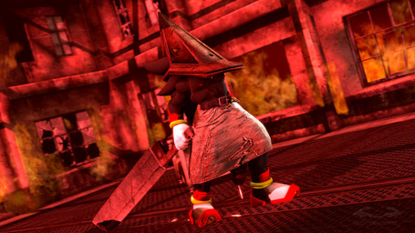 anthro belt blade bodily_fluids bottomwear building clothed clothing dirty dirty_clothing dragging dragging_object dripping flaccid genital_fluids genitals head_covering hellscape loincloth male muscular muscular_male penis penis_poking_out precum precum_drip rag red_light solo topless angelic_endowment konami sega silent_hill sonic_the_hedgehog_(series) pyramid_head shadow_the_hedgehog eulipotyphlan hedgehog mammal 16:9 3d_(artwork) digital_media_(artwork) hi_res widescreen