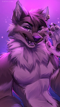 anthro cheek_tuft claws clothed clothing ear_piercing ear_ring facial_tuft finger_claws fluffy fur grey_body grey_fur half-closed_eyes head_tuft inner_ear_fluff looking_at_viewer male multicolored_body multicolored_fur narrowed_eyes navel neck_tuft open_mouth pawpads piercing pointy_ears purple_background purple_body purple_eyes purple_fur purple_nose raised_hand ring_piercing simple_background solo teeth_showing topless tuft antama dl_wolf_(dl2288) canid canine canis mammal wolf hi_res