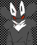 anthro cigarette cigarette_in_mouth clothing front_view hoodie looking_at_viewer male narrowed_eyes object_in_mouth pattern_background red_eyes simple_background solo topwear hardscales nintendo pokemon generation_4_pokemon lucario pokemon_(species) absurd_res bust_portrait hi_res partially_colored portrait