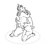 anthro balls bovid_horn caprine_horn duo ear_piercing ear_tag fluffy fluffy_tail genitals hair horn hug long_ears male nude piercing short_hair simple_background snout tail moomoonjun bovid canid canine canis caprine domestic_dog goat hybrid mammal 1:1 2024 black_and_white digital_drawing_(artwork) digital_media_(artwork) hi_res monochrome