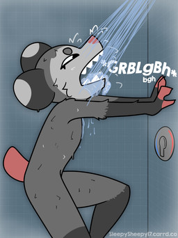 ambiguous_gender anthro bathing countershading drinking_water fur gloves_(marking) grey_body grey_fur humor leg_markings markings nude nude_anthro short_tail shower showering socks_(marking) solo tail lupopossum lupo_(lupopossum) american_opossum mammal marsupial virginia_opossum hi_res
