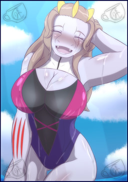 anthro blue_border border breasts clothing female looking_at_viewer mature_female muscular muscular_anthro muscular_female one-piece_swimsuit size_difference smile smiling_at_viewer solo swimwear pok-zone nintendo pokemon fan_character generation_1_pokemon machoke pokemon_(species) hi_res