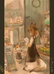 anthro apron avian bird canid canine clothed clothing container dipstick_tail door duo female flower footwear fox inside jar mammal markings nest pen plant shirotaka shoes tail tail_markings writing_text young