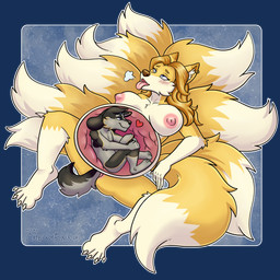anthro areola belly big_belly breasts breath duo female female_anthro fur hair heart_symbol internal internal_vaginal long_hair lying male male/female navel nipples on_back open_mouth panting pink_areola pink_nipples spread_legs spreading tail tongue tongue_out unbirthing vaginal vore yellow_body yellow_fur chewyennui canid canine fox mammal 1:1 absurd_res alpha_channel hi_res