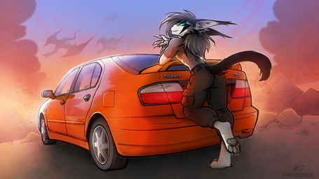 4_toes anthro barefoot biped butt car claws clothed clothed_anthro clothed_male clothing countershade_torso countershading digitigrade feet finger_claws fingers fur grey_pawpads hair male pawpads paws rear_view smile soles solo standing tail toe_claws toes vehicle neotheta caracal caracal_(genus) felid feline mammal 16:9 2026 digital_drawing_(artwork) digital_media_(artwork) hi_res widescreen