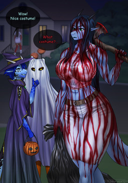 5_fingers abs anthro athletic athletic_anthro athletic_female axe axe_on_shoulder bag bangs belt big_breasts black_horn black_sclera blood blood_mess blood_on_axe blood_on_belly blood_on_chest blood_on_clothing blood_on_face blood_on_hair blood_on_hand blood_on_leg blood_on_neck blood_on_object blood_on_tail blood_on_weapon blue_body blue_eyes blue_hair blue_mouth blue_scales blurred_background blurred_character bodily_fluids bottomwear breasts building clothed clothed_breasts clothing confusion costume covered_in_blood crop_top detailed_background dialogue dragging dragging_object facial_horn fake_blood female fingers front_view ghost_costume green_eyes group hair halloween_costume hat headgear headwear holding_object holidays horn house humanoid_pointy_ears humor jack-o'-lantern long_hair looking_at_another markings melee_weapon muscular muscular_anthro muscular_female nature night nose_horn open_mouth orange_body orange_scales outside plant plastic_bag pointy_ears pose pumpkin_bag purple_clothing purple_robe road robe scales shirt short_hair shorts side_view sky speech_bubble spikes spikes_(anatomy) spots spotted_body spotted_markings tail text thick_thighs topwear trash_bag tree trio walking weapon wet wet_clothing wet_hair white_bottomwear white_clothing white_crop_top white_shorts white_topwear wide_sleeves witch_costume witch_dress witch_hat yellow_eyes eliana-asato halloween mythology amber_(eliana-asato) aoiro_(eliana-asato) ena_(eliana) georgiy_(eliana_asato) dragon lizard mythological_creature mythological_scalie reptile scalie wingless_dragon digital_media_(artwork) english_text hi_res pinup portrait three-quarter_portrait gynomorph_(lore) male_(lore)