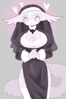 :3 anthro anthrofied big_breasts breasts cleavage clothed clothed_anthro clothed_female clothing ear_tuft female fully_clothed fully_clothed_anthro fully_clothed_female grey_background kemono legwear nun pink_body pink_tail simple_background solo tail thigh_highs tuft white_body white_clothing white_legwear white_thigh_highs tianhua mewgenics domestic_cat felid feline felis mammal 2026 hi_res