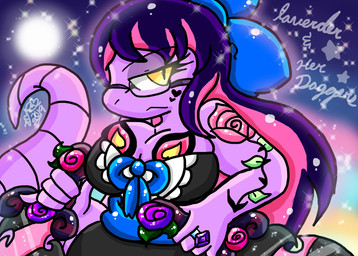 anthro breasts dagger eyewear female glasses hair melee_weapon purple_body purple_hair solo tail tattoo text weapon yellow_eyes lewdchuu nintendo pokemon lavender_(lewdchuu) arbok generation_1_pokemon pokemon_(species) english_text hi_res
