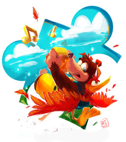 anthro backpack beak black_nose blue_eyes clothing cloud day duo feathered_wings feathers female fur green_eyes male open_mouth running wings delano-laramie banjo-kazooie rareware banjo_(banjo-kazooie) kazooie avian bear breegull mammal 2015 hi_res signature