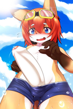 5_fingers anthro big_penis big_penis_problems blue_eyes blush bodily_fluids claws clothed clothing cloud countershading cute_fangs dripping erection eyewear fangs fingers foreskin fur genital_fluids genitals gloves_(marking) goggles hair huge_penis humanoid_genitalia humanoid_penis kemono long_penis low-angle_view male markings navel open_mouth orange_hair outside penis penis_poking_out precum precum_drip precum_string shota small_but_hung solo standing swimming_goggles swimming_trunks swimwear teeth thick_penis topless unwanted_erection wardrobe_malfunction water wet white_body white_countershading white_fur yellow_body yellow_fur young young_anthro hane third-party_edit shota_fox_(hane) canid canine fox mammal 2:3 censor_removal_edit hi_res