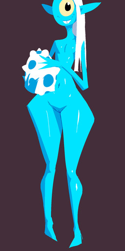 blue_body buckteeth egg female flat_chested front_view genitals hair holding_object humanoid_pointy_ears long_hair navel not_furry nude pointy_ears sidecut slim slim_female slim_humanoid smile solo standing teeth thick_thighs vulva white_hair wide_hips dracreloaded alien alien_humanoid cyclops humanoid hi_res
