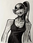 anthro biped breasts cleavage clothed clothing collarbone eye_patch eyewear female hair long_hair ponytail sharp_teeth shirt simple_background smile solo tank_top teeth topwear white_background white_sclera kewpiekills undertale_(series) undyne animal_humanoid fish humanoid marine monster 2025 hi_res monochrome traditional_media_(artwork)