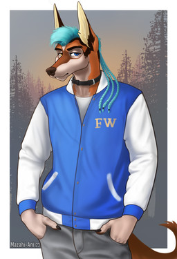 anthro blue_hair clothing collar dreadlocks forest forest_background fur hair heterochromia looking_at_viewer male nature nature_background orange_body orange_fur plant solo tree mazahi-ani canid canine canis coyote mammal 2023 absurd_res digital_media_(artwork) hi_res