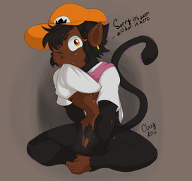 5_toes andromorph anthro black_body black_eyebrows black_fur black_tail black_text bottomless brown_body brown_pupils clitoris clothed clothing crossgender cute_fangs dialogue ear_piercing eyebrows fangs feet front_view fur genitals grey_background hat headgear headwear holding_clothing holding_object humanoid_genitalia humanoid_vulva intersex iris looking_at_viewer mouth_hold mta_crossgender mti_crossgender nipple_piercing nipples one_eye_closed orange_clothing orange_eyes orange_hat orange_headwear partially_clothed piercing prehensile_feet pupils raised_clothing raised_shirt raised_topwear shirt simple_background sitting solo tail talking_to_viewer teeth text textured_background toes topwear vulva marketablebunny andre_(alex_kitsune) haplorhine mammal monkey primate absurd_res alternate_version_at_source colored digital_media_(artwork) english_text full-length_portrait hi_res portrait signature source_request