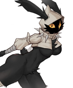 anthro breasts collar dark_body dark_skin featureless_breasts featureless_crotch female hood looking_at_viewer medium_breasts orange_eyes running scar scut_tail short_tail solo spiked_collar spikes tail thick_thighs under_boob wide_hips cycho6212 sookmo kilvi lagomorph leporid mammal rabbit hi_res