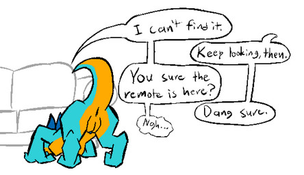 anthro black_sclera blue_horn casual_nudity dialogue female genitals horn oblivious offscreen_character raised_tail solo speech_bubble tail teal_body teal_scales text vulva yellow_underbelly gravel_pit_(artist) pebble_(gravel_pit) kobold scalie english_text