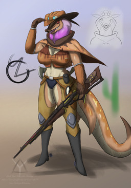 anthro bottomwear breasts clothing crotchless_bottomwear crotchless_clothing crotchless_pants cybernetic_eye cybernetics desert dewlap_(anatomy) female gular_sac gun machine pants ranged_weapon rifle shorts solo topwear vest weapon western wroggi_armor taketzu_(artist) capcom european_mythology monster_hunter mythology zodiac_(taketzu) dinosaur dragon dromaeosaurid great_wroggi mythological_creature mythological_scalie prehistoric_species reptile saurischian scalie theropod western_dragon wyvern absurd_res hi_res