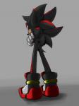 anthro biped black_body black_fur clothing crossed_arms footwear fur gloves grey_background handwear looking_back male rear_view red_body red_eyes red_fur shoes simple_background solo standing kalk427 sega sonic_the_hedgehog_(series) shadow_the_hedgehog eulipotyphlan hedgehog mammal hi_res