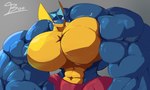 abs anthro biceps big_muscles blue_body bottomwear bouncing_pecs clothing male muscular muscular_anthro muscular_male pecs pink_eyes scar shorts solo unusualboo54 nintendo pokemon zen_(unusualboo54) amphibian frog generation_6_pokemon greninja pokemon_(species) absurd_res hi_res shaded