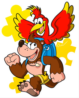 anthro backpack beak brown_body brown_fur clothing duo feathered_wings feathers female fur male open_mouth open_smile smile wings t-3000 banjo-kazooie rareware banjo_(banjo-kazooie) kazooie avian bear breegull mammal 2019 hi_res signature