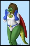 anthro belt black_border blue_background border brown_hair bulge cape clothed clothing cosplay crossdressing femboy gloves hair handwear male simple_background solo tight_clothing yellow_eyes dr_zombie dc_comics power_girl russ_(character) alligator alligatorid crocodilian reptile scalie 2013