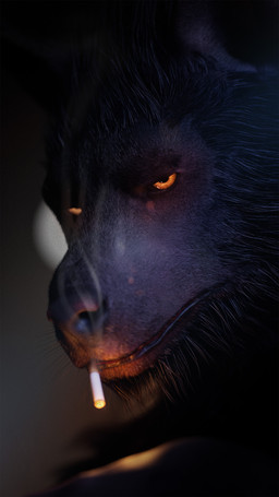anthro bored cigarette cigarette_in_mouth cigarette_smoke looking_at_viewer male object_in_mouth smoke solo kertit mythology canid canine mammal mythological_canine mythological_creature werecanid werecanine werecreature werewolf 9:16 absurd_res hi_res