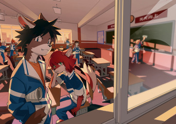 anthro board chair classroom clock clothing desk erasing female furniture gesture group hair hand_gesture hand_on_face looking_at_viewer male on_chair pointing pointing_at_another school school_desk school_uniform sitting sitting_on_chair smile standing table tail text uniform window rakkasei ambiguous_species hi_res japanese_text