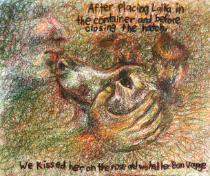 abstract_art duo feral fingernails floppy_ears kissing looking_at_another nails text whiskers ink-the-artist laika_(ussr) canid canine canis domestic_dog human mammal 2019 english_text