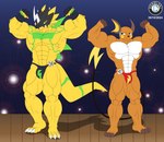 abs anthro bicep_curl biceps bodily_fluids bulge clothing duo fingerless_gloves flexing gloves handwear horn male muscular muscular_anthro muscular_male sweat sweatdrop tail thong underwear white_body yellow_body danielssj bandai_namco digimon nintendo pokemon volt_(dhk1989) bulkmon digimon_(species) generation_1_pokemon pokemon_(species) raichu 2024 digital_media_(artwork) hi_res