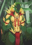 anthro bottomwear claws clothed clothing feathers forest gem jewelry jungle loincloth male muscular muscular_anthro muscular_male partially_clothed plant simple_background solo tree xeno1805 skaereth lizard reptile scalie absurd_res digital_media_(artwork) hi_res