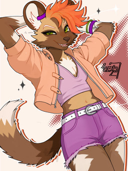 alternative_fashion anthro belt bone bottomwear bracelet clothing crop_top ear_piercing ear_ring eyebrow_piercing facial_piercing female green_bracelet green_eyes hair hands_behind_head hotpants jacket jewelry leaning leaning_backward looking_at_viewer midriff navel orange_clothing orange_hair orange_jacket orange_topwear piercing pink_clothing pink_crop_top pink_shirt pink_topwear punk purple_bottomwear purple_bracelet purple_clothing purple_ear_ring purple_hotpants purple_shorts ring_piercing shirt shorts smug solo topwear white_belt lovely_bibi27 yanxu african_wild_dog canid canine lycaon_pictus mammal absurd_res hi_res