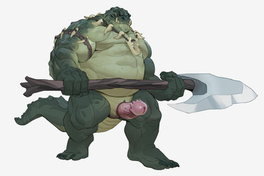 4_fingers 4_toes animal_genitalia anthro axe big_weapon casual_erection erection feet fingers genital_slit genitals glans greataxe green_body holding_axe holding_object holding_weapon male melee_weapon musclegut muscular nude overweight overweight_anthro overweight_male penis red_eyes scales sharp_teeth simple_background solo standing teeth toes tusks weapon white_background hoggan crocodile crocodilian reptile scalie 2020 absurd_res digital_media_(artwork) hi_res