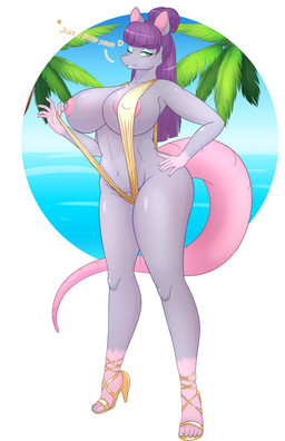 anthro big_breasts bikini breasts clothing exposing_nipple female footwear fur gold_bikini golden_high_heels green_eyes grey_body grey_fur hair hair_bun high_heels huge_breasts looking_at_viewer nipples one-piece_swimsuit one_eye_closed palm_tree pink_body pink_nipples pink_skin plant purple_hair sea shoes simple_background sling_bikini smile solo swimwear tail talking_to_viewer tree two-piece_swimsuit water white_background wink dulce_ratoncita mary_(dulce_ratoncita) mammal murid murine rat rodent absurd_res hi_res