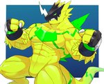 abs anthro armor biceps claws green_eyes headgear helmet male muscular muscular_anthro muscular_male pecs simple_background solo teeth yellow_body o-ro bandai_namco digimon bulkmon digimon_(species) 2021 hi_res