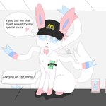 ambiguous_gender clothing feral hat headgear headwear paws smile solo suggestive_dialogue text gabriela_paes mcdonald's nintendo pokemon eeveelution generation_6_pokemon pokemon_(species) sylveon mac_(disambiguation) 1:1 absurd_res english_text hi_res andromorph_(lore)