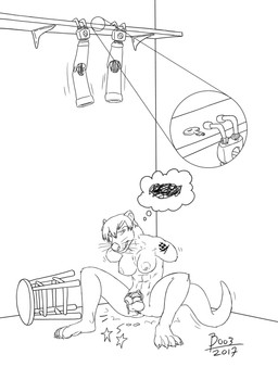 amputee anthro breasts chastity_cage chastity_device disability genitals herm intersex nipples penis solo tattoo vulva boo3 jael mammal mustelid otter hi_res monochrome