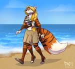 3_legs 4_arms anthro beach blonde_hair blue_eyes clothing ear_piercing eyewear female footwear glasses hair industrial_piercing multi_arm multi_limb multifur piercing sandals seaside shoes solo what_has_science_done pac may_abbagail canid canine felid fox hybrid mammal pantherine tiger