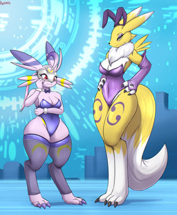 anthro big_breasts black_sclera blue_eyes blush breasts bunny_costume clothed clothing costume duo fake_ears fake_rabbit_ears female fur legwear leotard mask navel_outline red_eyes tail white_body white_fur yellow_body yellow_fur an-tonio bandai_namco digimon canid canine digimon_(species) fox lagomorph lekismon leporid mammal rabbit renamon absurd_res digital_media_(artwork) hi_res