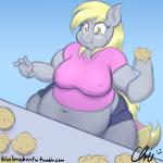 1:1 2014 anthro anthrofied biped blonde_hair blue_background clothed clothing derpy_hooves_(mlp) equid equine female food friendship_is_magic fur grey_body grey_fur hair hasbro hi_res holding_food holding_object horse mammal muffin my_little_pony navel nekocrispy obese obese_anthro obese_female overweight overweight_anthro overweight_female pony simple_background sitting solo text url