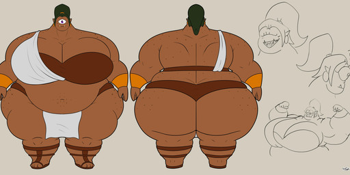 1_eye 4_fingers 4_toes accessory armor belly big_belly big_breasts big_butt biped blush bottomwear bracers breasts butt cleavage clothed clothing ear_piercing eyebrows eyelashes feet female fingers flexing footwear freckled_back freckled_belly freckled_butt freckled_neck freckled_shoulders freckles front_view green_hair hair hair_accessory huge_belly huge_breasts huge_butt hyper hyper_breasts loincloth looking_at_viewer not_furry open_mouth overweight overweight_female piercing pointy_ears ponytail purple_eyes question_mark rear_view sharp_teeth simple_background smile solo standing teeth thick_thighs toes topwear wide_hips tellybot european_mythology greek_mythology mythology cyclops humanoid monster monstrous_humanoid mythological_creature 2026 absurd_res digital_media_(artwork) hi_res model_sheet