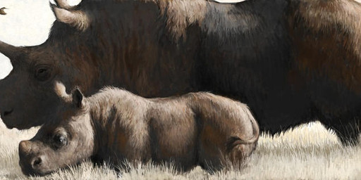 brown_body brown_fur duo feral flying fur grass grey_body grey_skin horn plant quadruped young renum63 ambient_bird mammal prehistoric_species rhinoceros woolly_rhinoceros 2013 detailed