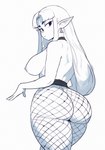 big_breasts big_butt breasts butt butt_pose choker clothed clothing ear_piercing ear_ring female fishnet_clothing fishnet_legwear fishnet_pantyhose fur hair half-closed_eyes humanoid_pointy_ears jewelry legwear long_hair looking_at_viewer looking_back looking_back_at_viewer narrowed_eyes necklace nipples not_furry pantyhose piercing pointy_ears pose rear_view ring_piercing sidelocks simple_background solo thick_thighs topless topless_female topless_humanoid white_background wide_hips honkibooty nintendo the_legend_of_zelda princess_zelda humanoid hylian 2024 digital_drawing_(artwork) digital_media_(artwork) hi_res monochrome sketch