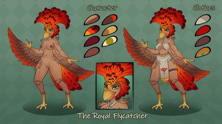 anthro beak bracelet breasts brown_body claws clothed clothing digitigrade feathers feet female genitals green_eyes hair jewelry looking_at_viewer multicolored_body multicolored_feathers nipples nude piercing red_body red_feathers red_tail ring simple_background skinny small_breasts smile solo tail tail_feathers thick_thighs toes vulva wings scarlet_side avian bird mammal royal_flycatcher 2024 digital_media_(artwork) model_sheet