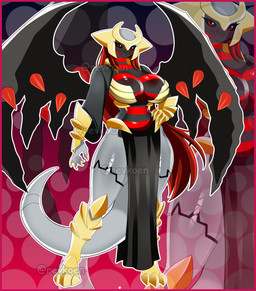 anthro armor big_breasts border breasts butt clothing corset dress female gloves hair handwear huge_breasts lingerie long_hair male red_border red_eyes red_hair solo topwear white_hair wings revkoen nintendo pokemon altered_forme_giratina generation_4_pokemon giratina legendary_pokemon pokemon_(species) absurd_res hi_res model_sheet