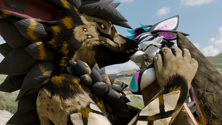 anthro body_in_mouth detailed_background duo eyes_closed kissing male male/male oral_vore size_difference tail tail_fetish tail_play tail_vore vore peq42 regalfin waggan 3d_(artwork) digital_media_(artwork) hi_res